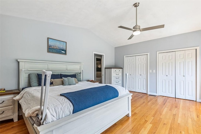 11 Noto Dr, North Providence, RI 02904 - bedroom featuring vaulted ceiling, light wood finished floors, multiple closets, and ceiling fan