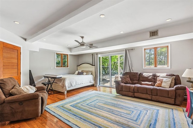 11 Noto Dr, North Providence, RI 02904 - bedroom featuring access to outside, multiple windows, wood finished floors, recessed lighting, and ceiling fan