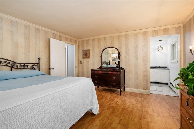 8 Westgate Rd, Cumberland, RI 02864 - bedroom featuring wallpapered walls, light wood-style flooring, baseboards, crown molding, and baseboard heating