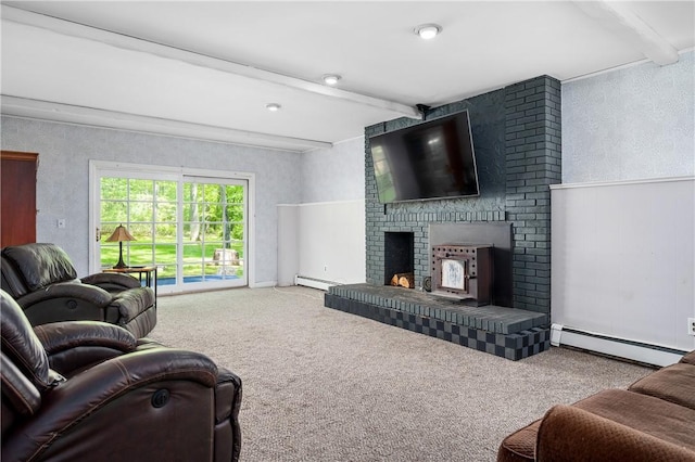 8 Westgate Rd, Cumberland, RI 02864 - living room featuring baseboard heating, beamed ceiling, a baseboard heating unit, a fireplace, and carpet flooring