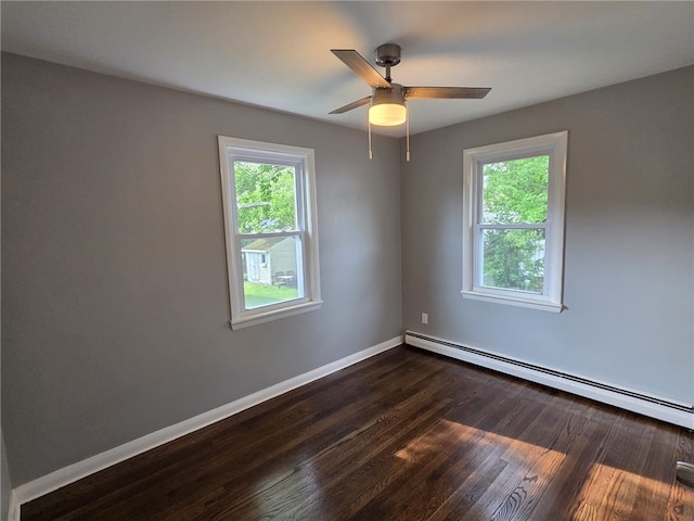 119 Evergreen Ave, Tiverton, RI 02878 - spare room with dark wood-style floors, baseboards, a baseboard radiator, and ceiling fan