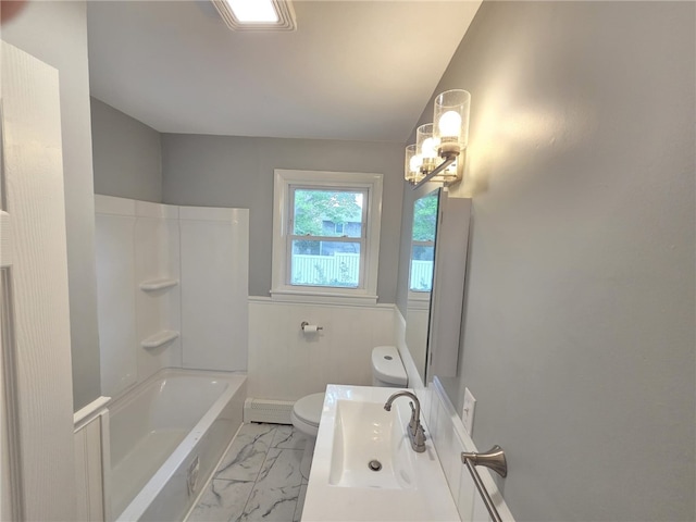 119 Evergreen Ave, Tiverton, RI 02878 - bathroom with toilet, marble finish flooring, baseboard heating, tub / shower combination, and a chandelier