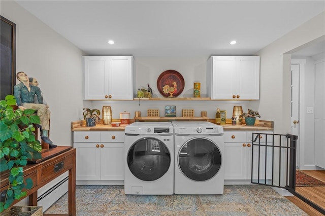 25 King Philip Rd, Pawtucket, RI 02861 - laundry area with independent washer and dryer, baseboard heating, recessed lighting, and cabinet space