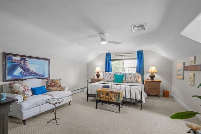 25 King Philip Rd, Pawtucket, RI 02861 - carpeted bedroom with a baseboard radiator, vaulted ceiling, baseboards, and ceiling fan