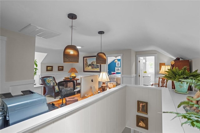 25 King Philip Rd, Pawtucket, RI 02861 - kitchen featuring vaulted ceiling, pendant lighting, and light countertops