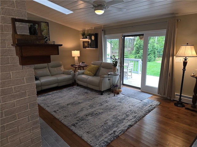 190 Broad Rock Rd, South Kingstown, RI 02879 - living area with a skylight, a ceiling fan, wood-type flooring, lofted ceiling, and baseboard heating