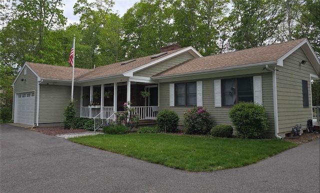 190 Broad Rock Rd, South Kingstown, RI 02879 - single story home featuring covered porch, an attached garage, a chimney, roof with shingles, and a front lawn