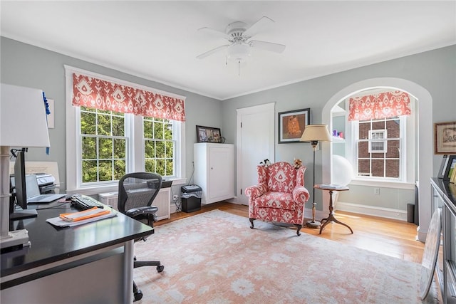 34 Dryden Ave, Pawtucket, RI 02860 - office space with light wood-style flooring, ceiling fan, ornamental molding, and baseboards