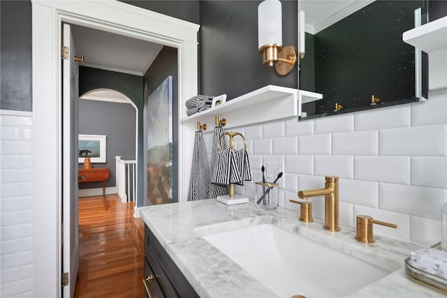34 Dryden Ave, Pawtucket, RI 02860 - bathroom with ornamental molding, wood finished floors, and vanity