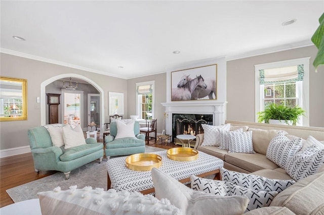 34 Dryden Ave, Pawtucket, RI 02860 - living area with crown molding, wood finished floors, baseboards, a high end fireplace, and arched walkways