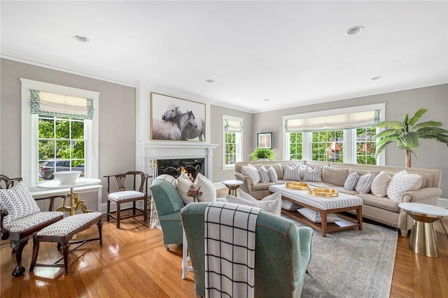 34 Dryden Ave, Pawtucket, RI 02860 - living area featuring crown molding, a lit fireplace, light wood finished floors, and baseboards