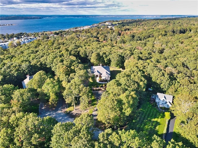 51 W Ridge Dr, Tiverton, RI 02878 - aerial view of property and surrounding area featuring a heavily wooded area and a nearby body of water
