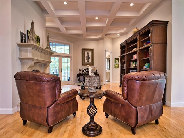 51 W Ridge Dr, Tiverton, RI 02878 - living area with recessed lighting, light wood-style flooring, beam ceiling, baseboards, and coffered ceiling