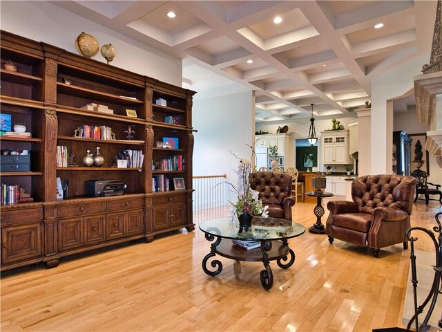 51 W Ridge Dr, Tiverton, RI 02878 - living area featuring light wood-type flooring, beam ceiling, recessed lighting, and coffered ceiling