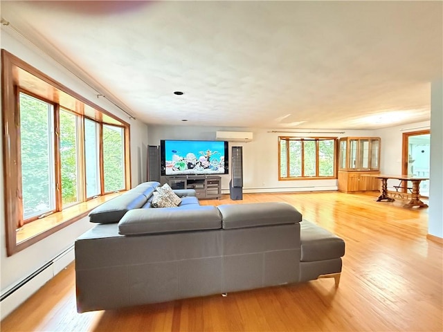 3945 Post Rd, Warwick, RI 02886 - living area featuring baseboard heating, an AC wall unit, plenty of natural light, and light wood-type flooring