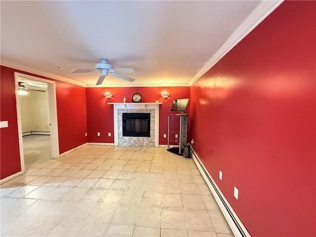 3945 Post Rd, Warwick, RI 02886 - unfurnished living room featuring ceiling fan, ornamental molding, a baseboard radiator, a fireplace, and baseboards