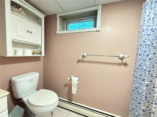 3945 Post Rd, Warwick, RI 02886 - full bathroom featuring toilet, tile patterned floors, curtained shower, vanity, and baseboard heating
