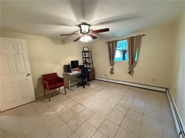 3945 Post Rd, Warwick, RI 02886 - home office with light tile patterned flooring, ceiling fan, baseboard heating, and baseboards