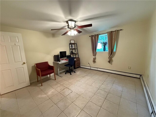 3945 Post Rd, Warwick, RI 02886 - home office with light tile patterned flooring, ceiling fan, baseboard heating, and baseboards