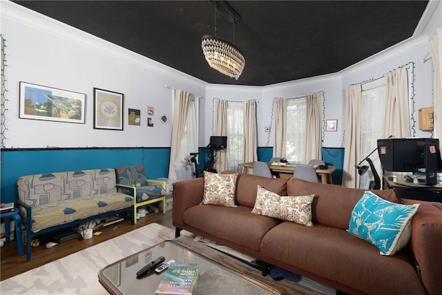 43 Chapin Ave Unit 3, Providence, RI 02909 - living area with an office area, ornamental molding, wood finished floors, and a chandelier