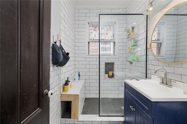 43 Chapin Ave Unit 3, Providence, RI 02909 - full bathroom with tile walls, vanity, tiled shower, and tasteful backsplash