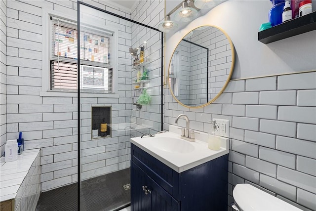 43 Chapin Ave Unit 3, Providence, RI 02909 - bathroom with tile walls, toilet, a tile shower, and vanity