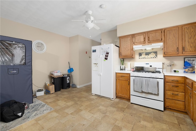 22 Myrtle St, Pawtucket, RI 02860 - kitchen featuring white appliances, under cabinet range hood, a ceiling fan, light countertops, and brown cabinetry
