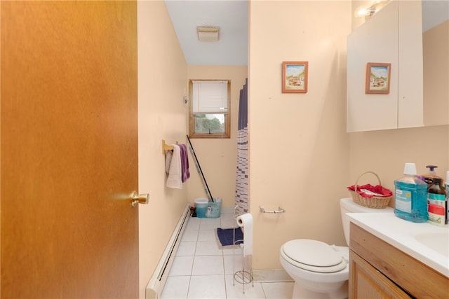22 Myrtle St, Pawtucket, RI 02860 - full bathroom featuring a baseboard heating unit, toilet, vanity, tile patterned flooring, and a shower with shower curtain