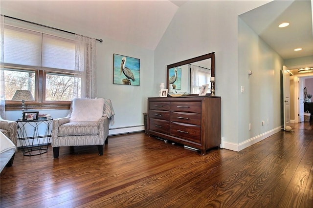 6 Forrestal Dr, Westerly, RI 02891 - living area featuring baseboard heating, dark wood-style flooring, lofted ceiling, baseboards, and recessed lighting