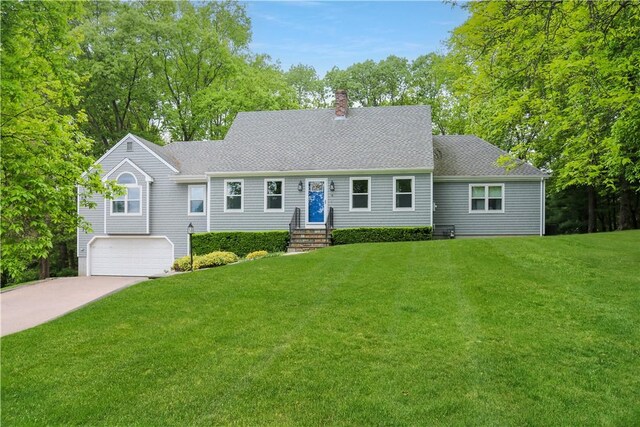 6 Forrestal Dr, Westerly, RI 02891 - view of front of property featuring a chimney, an attached garage, a front yard, driveway, and roof with shingles