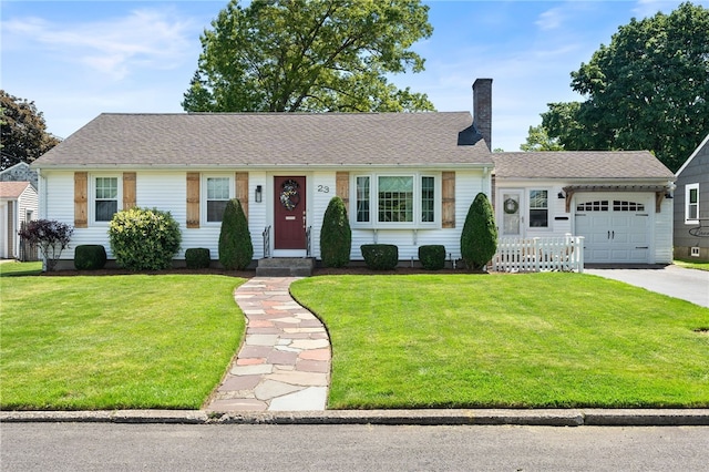 23 Revere St, Pawtucket, RI 02861 - ranch-style house featuring a chimney, an attached garage, a front lawn, and driveway