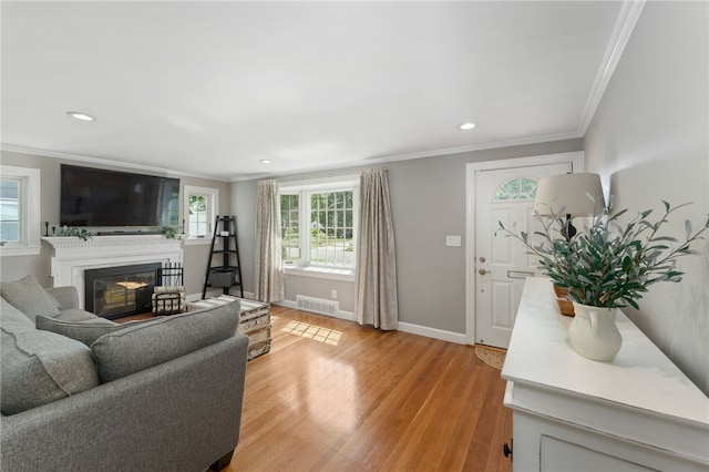 23 Revere St, Pawtucket, RI 02861 - living room with a glass covered fireplace, ornamental molding, light wood-style floors, baseboards, and recessed lighting