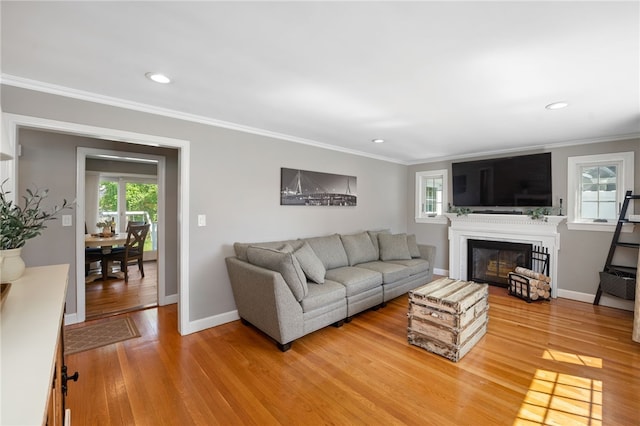 23 Revere St, Pawtucket, RI 02861 - living room featuring crown molding, light wood finished floors, baseboards, a glass covered fireplace, and recessed lighting