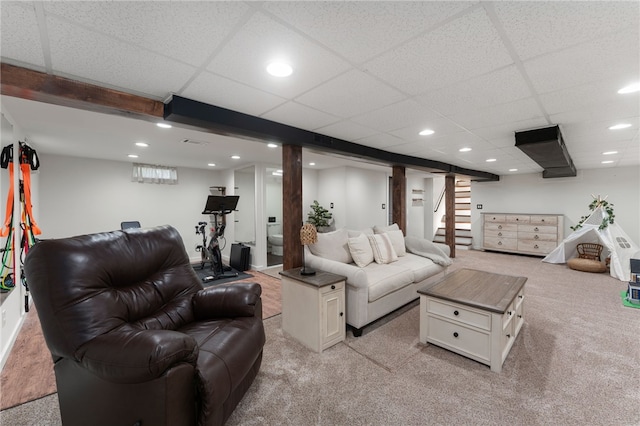 23 Revere St, Pawtucket, RI 02861 - living area featuring light colored carpet, recessed lighting, stairs, and a paneled ceiling