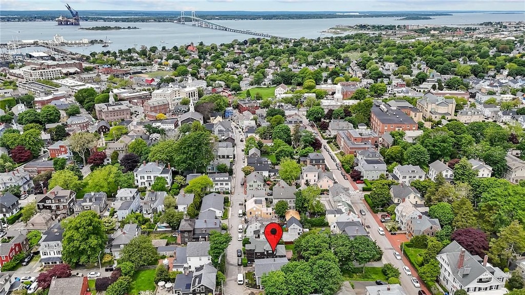 42 Sherman St, Newport, RI 02840 - aerial overview of property's location featuring a notable bridge, a nearby body of water, and nearby suburban area