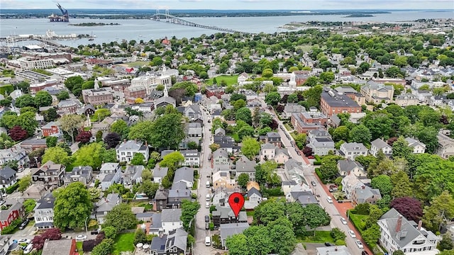 42 Sherman St, Newport, RI 02840 - aerial overview of property's location featuring a notable bridge, a nearby body of water, and nearby suburban area