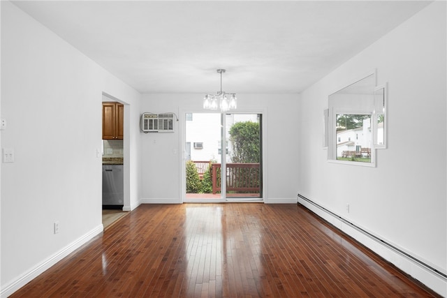 123 Forestwood Dr, North Providence, RI 02904 - spare room with a baseboard radiator, a chandelier, hardwood / wood-style floors, baseboards, and a wall unit AC