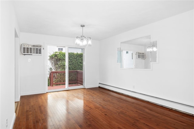 123 Forestwood Dr, North Providence, RI 02904 - unfurnished room with a chandelier, a baseboard radiator, hardwood / wood-style floors, baseboards, and a wall unit AC