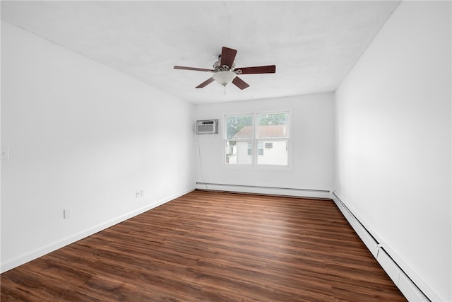 123 Forestwood Dr, North Providence, RI 02904 - empty room with a baseboard heating unit, dark wood-style floors, a wall mounted AC, and a ceiling fan