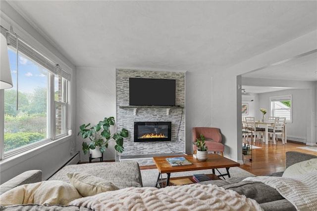 156 Davis Ave, Cranston, RI 02910 - living area featuring wood finished floors, a fireplace, and a baseboard heating unit