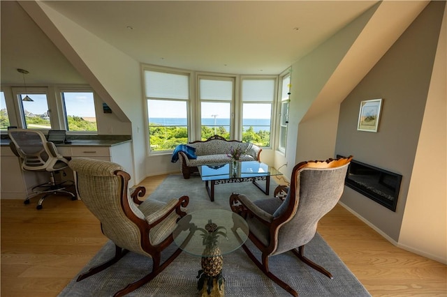 1448 Mohegan Trl, Block Island, RI 02807 - living area featuring a desk, light wood finished floors, and baseboards