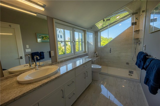 1448 Mohegan Trl, Block Island, RI 02807 - bathroom with vanity, marble look tiles, a shower stall, and toilet