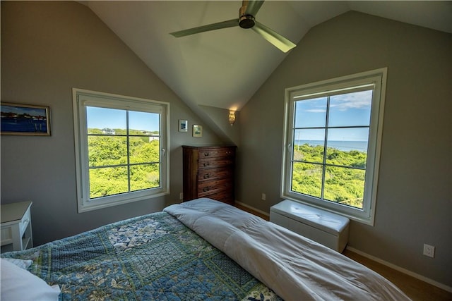 1448 Mohegan Trl, Block Island, RI 02807 - bedroom featuring lofted ceiling, multiple windows, baseboards, and a ceiling fan