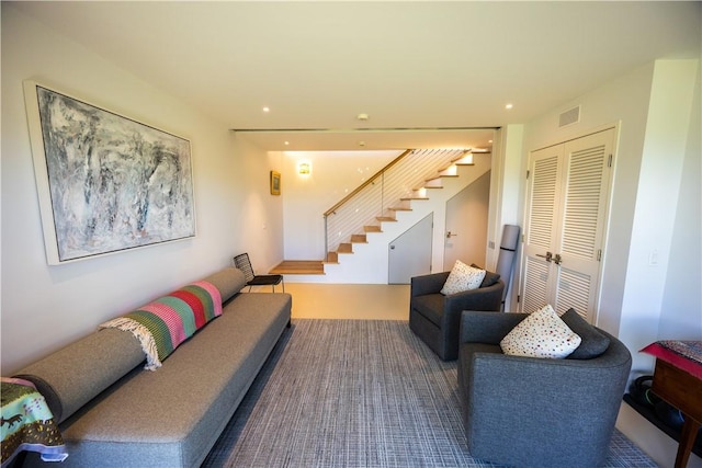 1448 Mohegan Trl, Block Island, RI 02807 - living room with stairway and recessed lighting