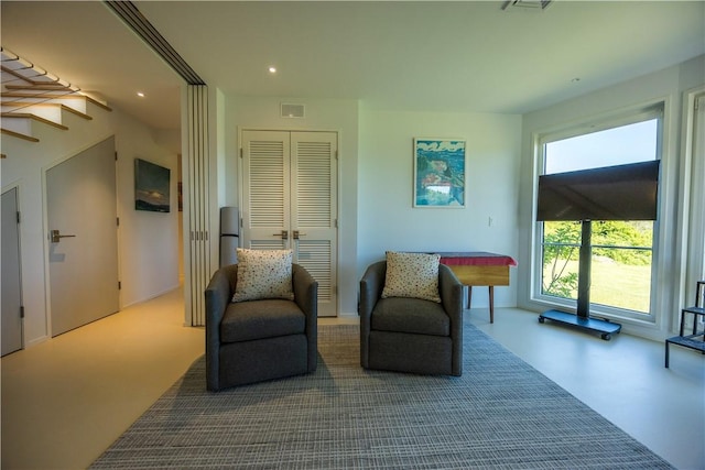 1448 Mohegan Trl, Block Island, RI 02807 - living area with recessed lighting and stairway