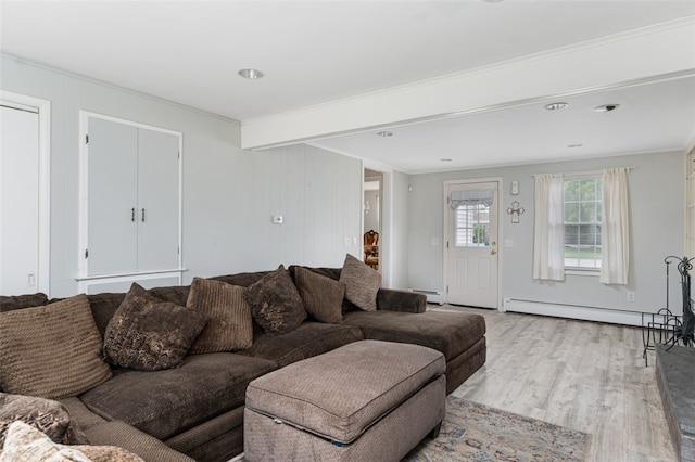 15 Metcalf Dr, Cumberland, RI 02864 - living room with wood finished floors, a baseboard radiator, and ornamental molding