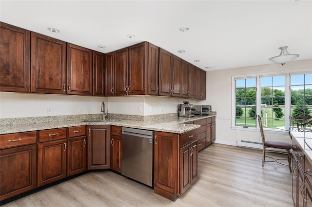 15 Metcalf Dr, Cumberland, RI 02864 - kitchen featuring dishwasher, light wood-style flooring, light stone countertops, recessed lighting, and a baseboard radiator