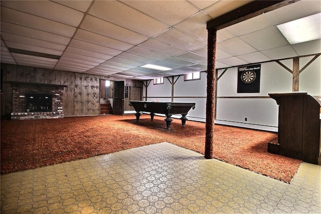 40 Boombridge Rd, Westerly, RI 02891 - recreation room featuring a paneled ceiling, billiards table, carpet flooring, and wooden walls