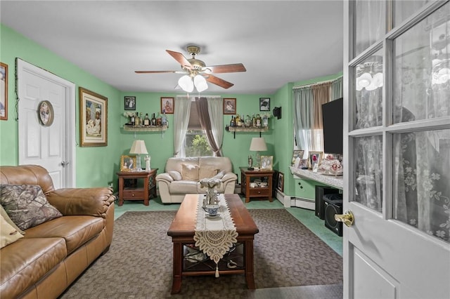 43 Dexter St, Woonsocket, RI 02895 - carpeted living area with ceiling fan and a baseboard heating unit