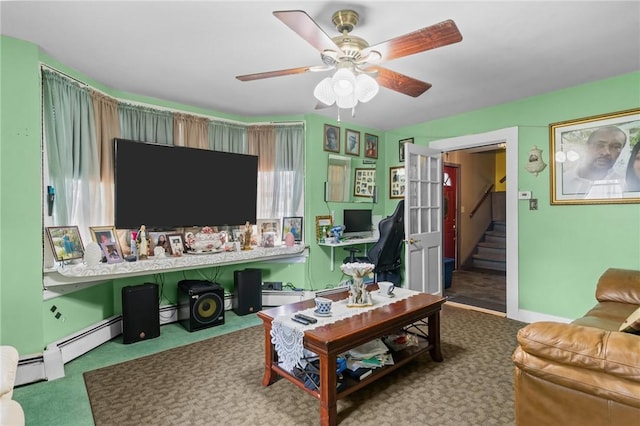 43 Dexter St, Woonsocket, RI 02895 - carpeted living room featuring ceiling fan and a baseboard radiator